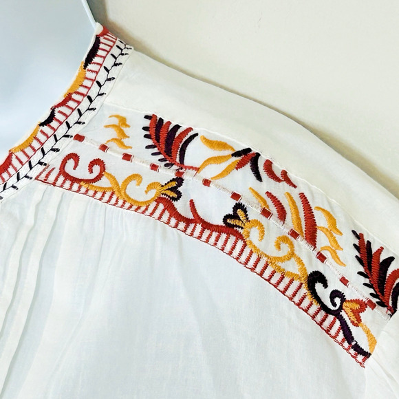 Boho Blouse Piper & Scoot L Cream Cotton Embroidered Floral Trim Buttons Popover - Picture 5 of 8